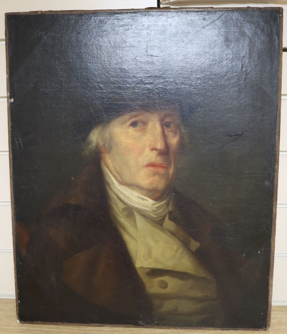 Early 19th century English School, oil on canvas, Portrait of a gentleman wearing a top hat, 56 x 46cm, unframed